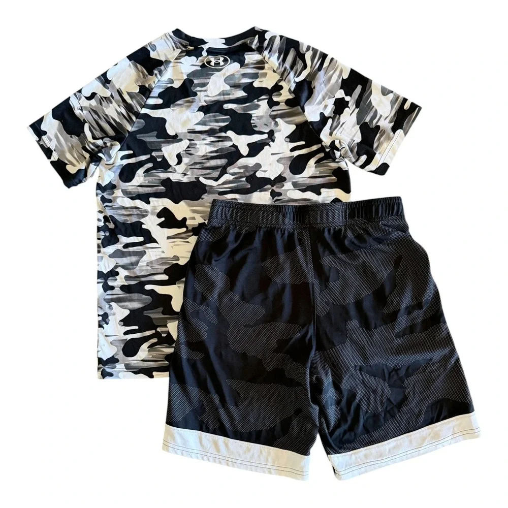 Under Armour Boys Black White Camo Athletic Shirt Shorts Set - Youth Large